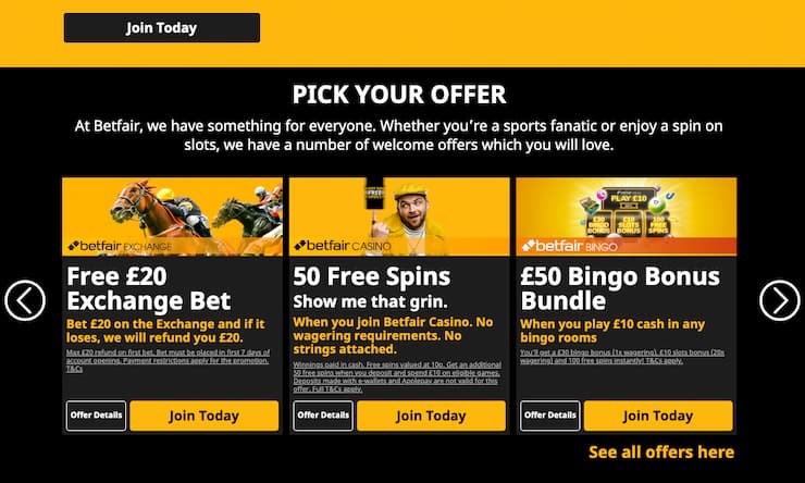Featured promos on BetFair, a top option among non gamstop casinos.